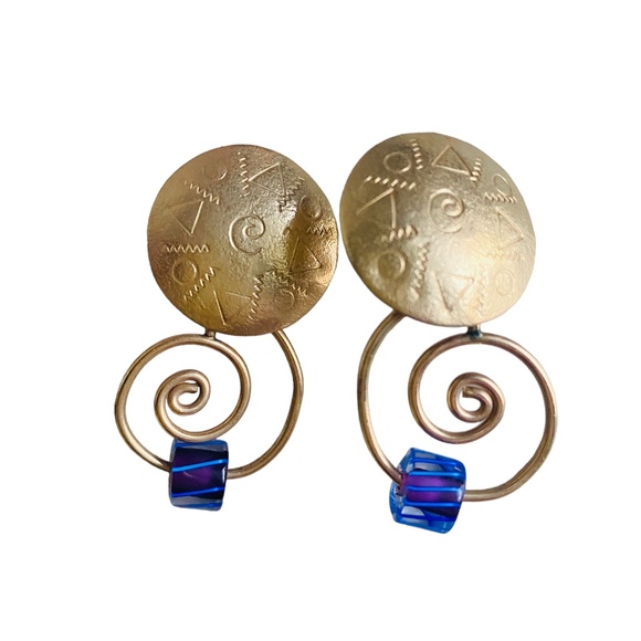 Barbara Sucherman 14 KT Gold Plated Sterling Silver Blue Glass 80 Earrings Rare - Picture 5 of 6